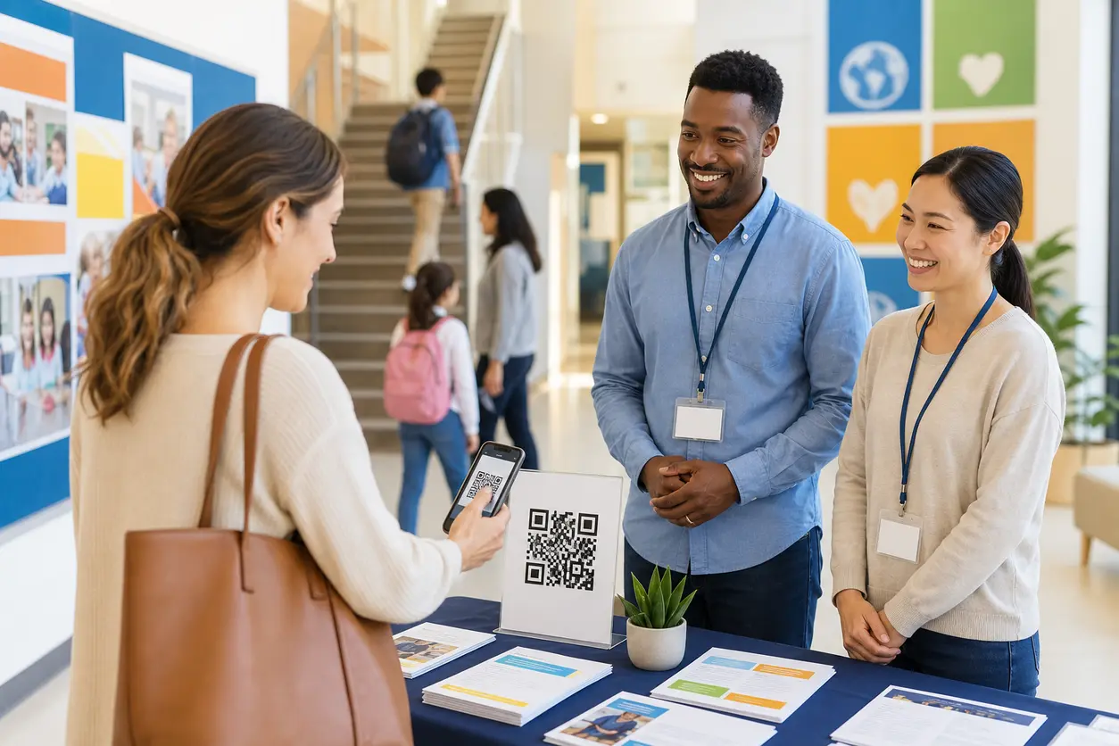 School event coordinator using QR codes on posters, handouts, and lanyards for tickets, maps, and volunteer sign-ups.