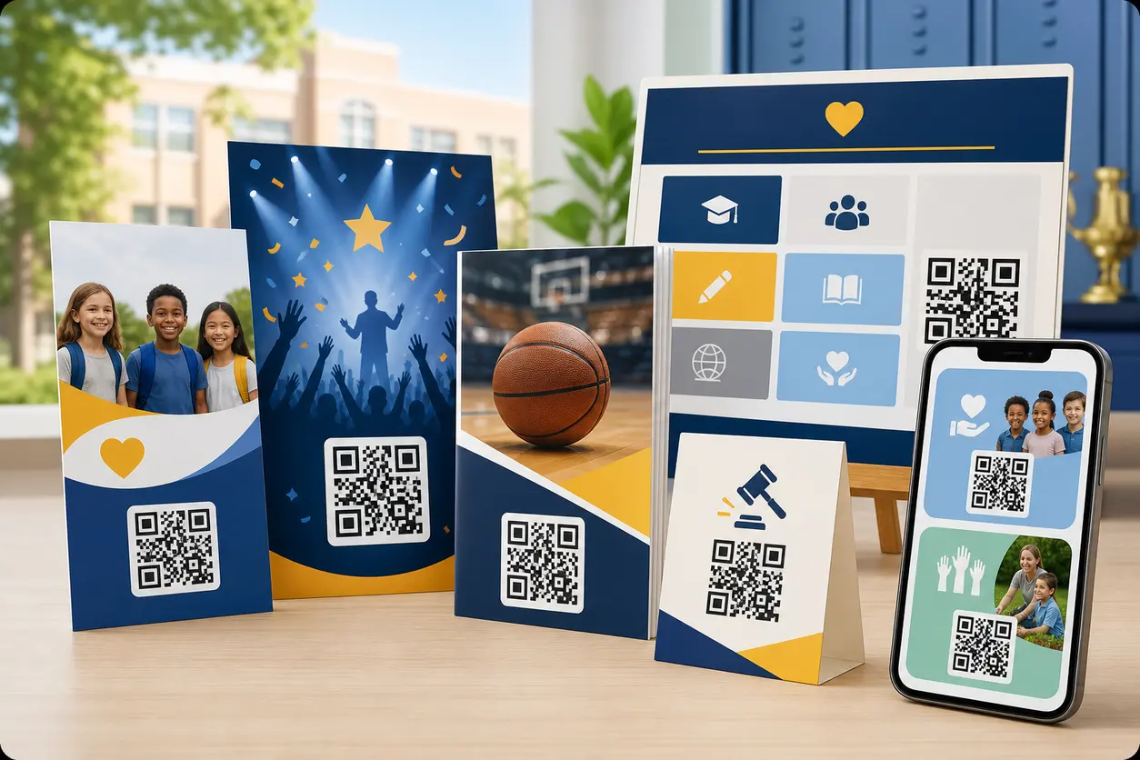 A school fundraising scene with printed flyers, a sports program, auction table card, and sponsor board, each showing distinct QR codes leading to donations, volunteer sign-ups, and sponsor pages on a smartphone.