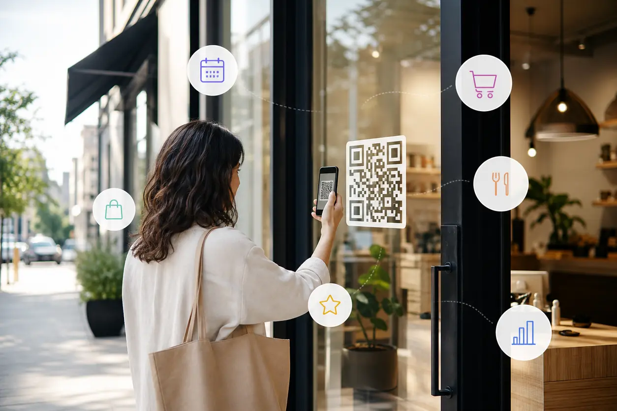 A modern storefront window with a clean branded QR code decal, a passerby scanning it with a smartphone, and subtle visual cues suggesting menu, booking, shopping, and analytics actions.