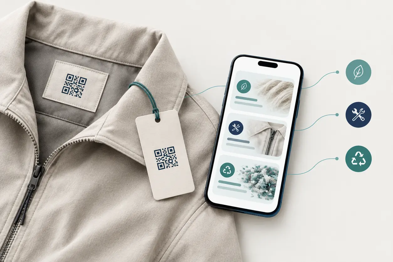 A garment with a sewn-in QR label beside a hangtag and a mobile product-information view, with visual cues for fibre composition, repair and recycling.