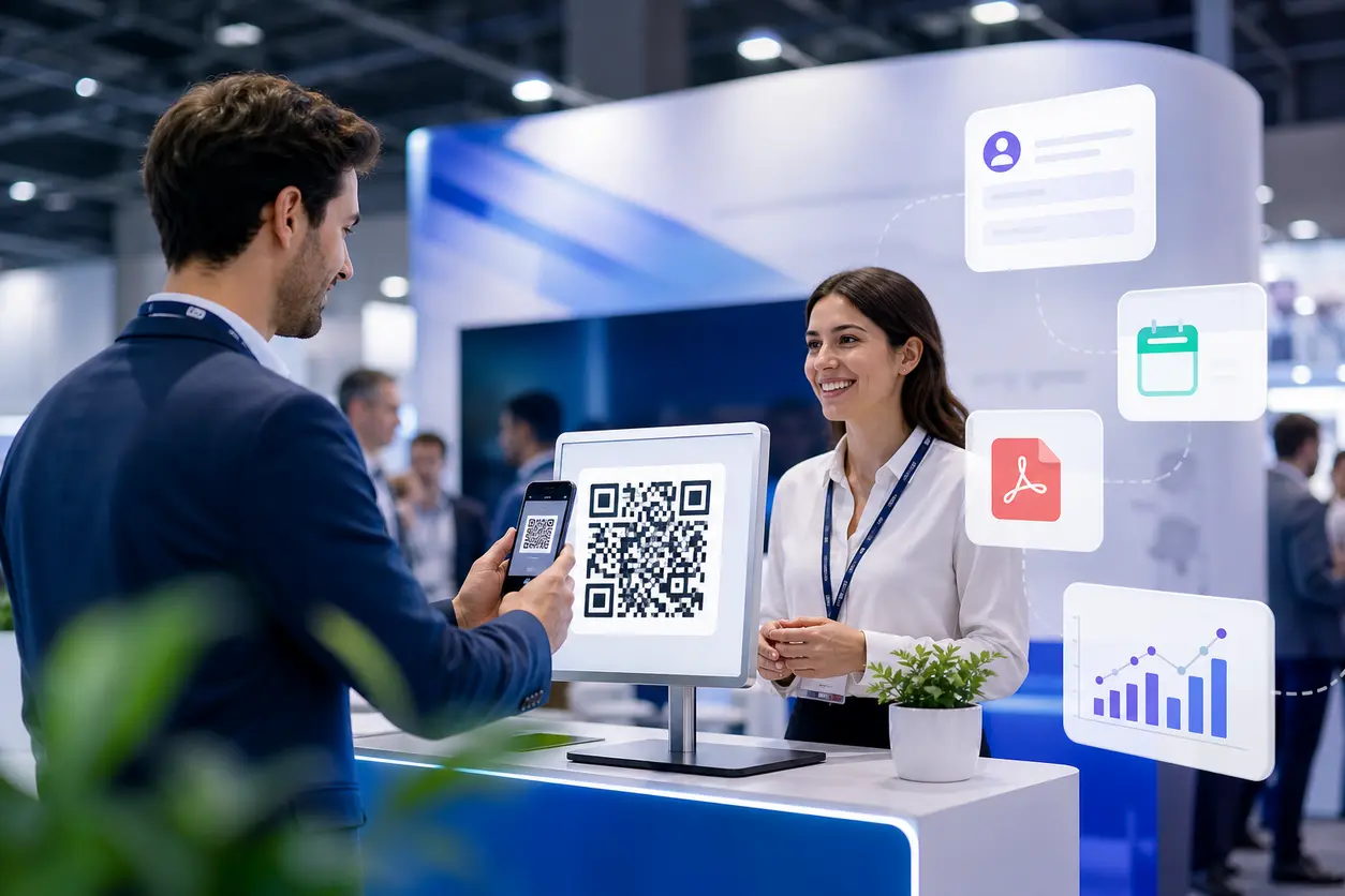A modern trade show booth scene with a tabletop sign and large display featuring a QR code, attendees scanning with smartphones, and subtle visual cues of lead forms, demo booking, and analytics attribution.