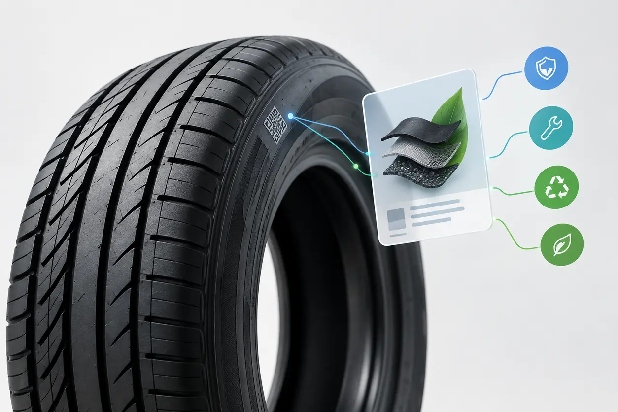 A close-up of a modern vehicle tyre with a subtle QR-code-style marking on its sidewall, connected by clean data lines to a floating digital product passport card showing abstract lifecycle icons for materials, service, reuse and recycling.