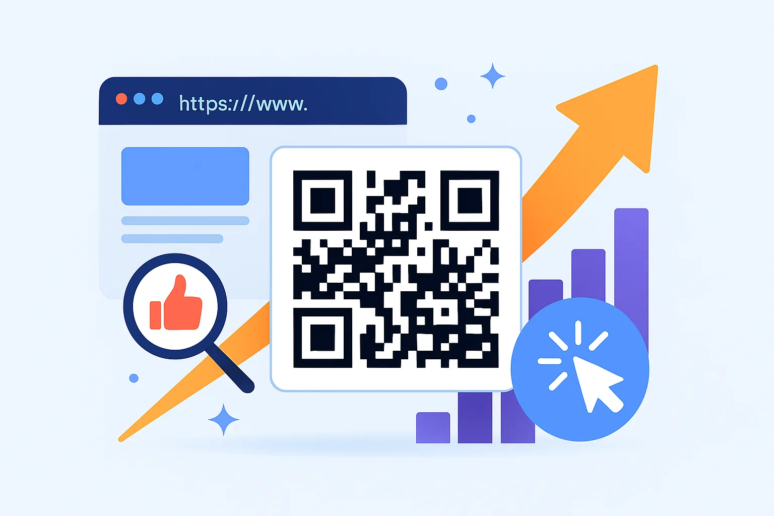 Illustration of a URL QR code surrounded by website elements, an upward arrow, and click-through icons, representing increased web traffic and user engagement.
