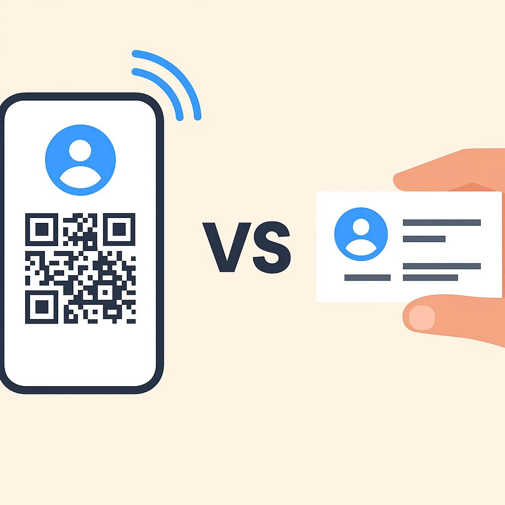 Visual comparison between a digital vCard QR code on a phone and a physical business card held in hand, highlighting modern contact sharing methods.