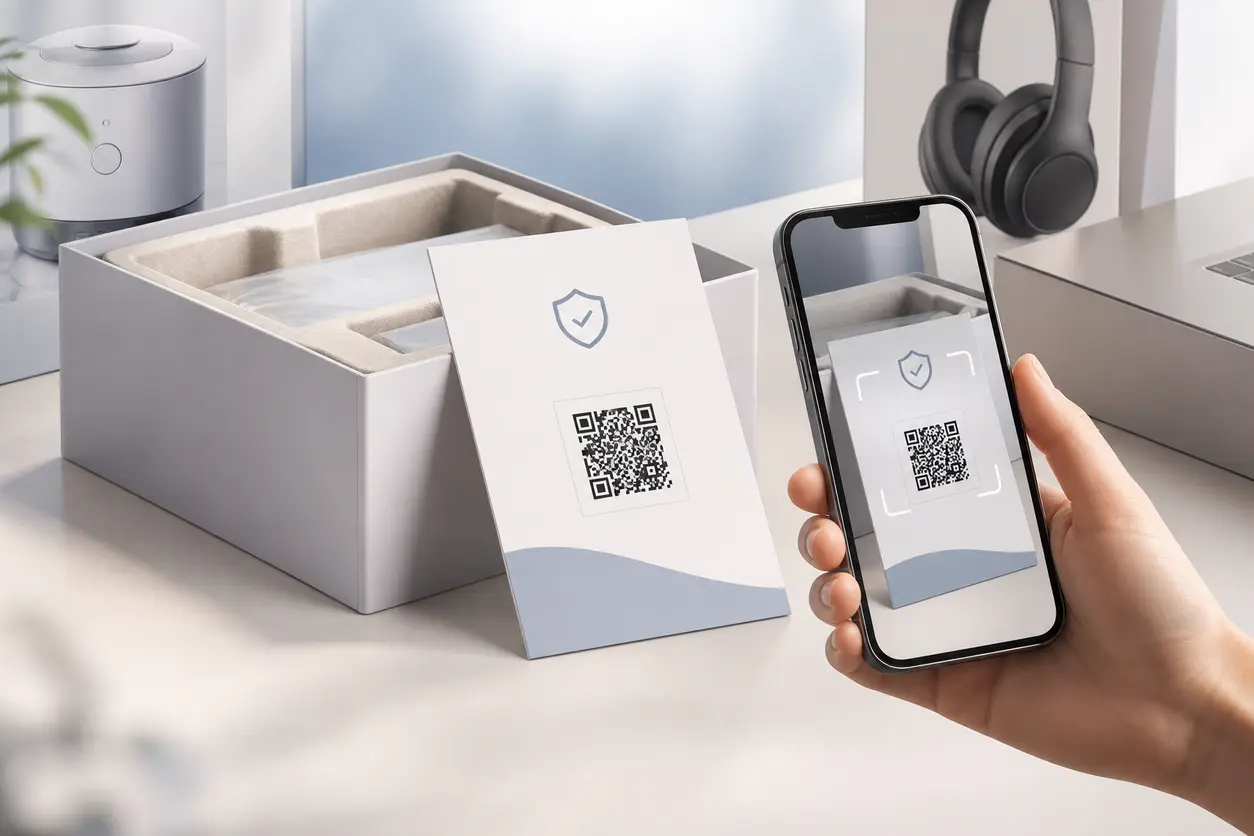 A modern product packaging scene showing a customer scanning a QR code on a box insert with a smartphone, leading to a warranty registration flow for a consumer appliance or electronics product.